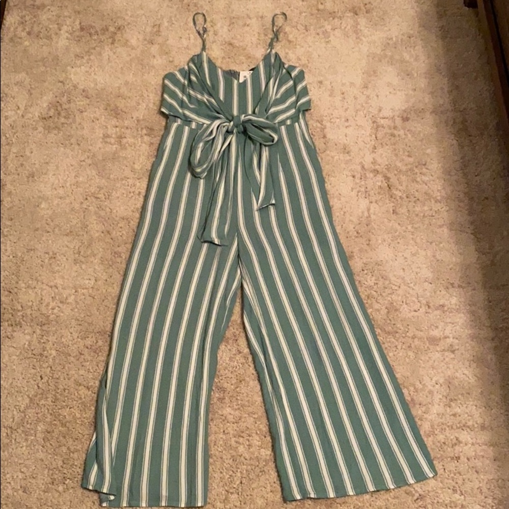 Pink Lily Green and white stripe Capri jumpsuit NWTs